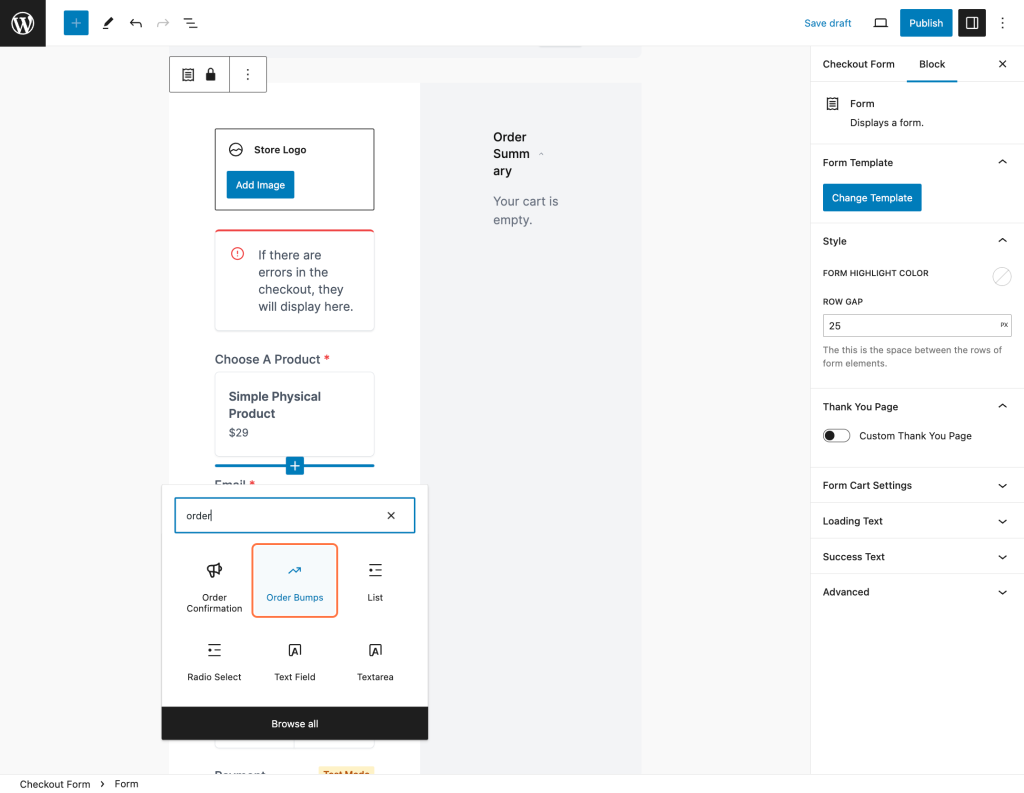 Customizing Order Bump Placement Order Bumps Element