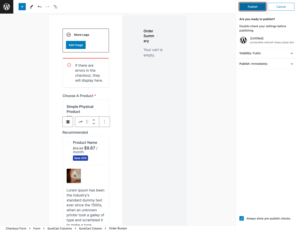 Customizing Order Bump Placement Publish