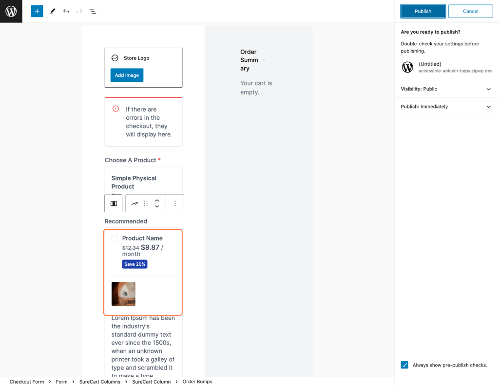 Customizing Order Bump Placement Select Order Bump