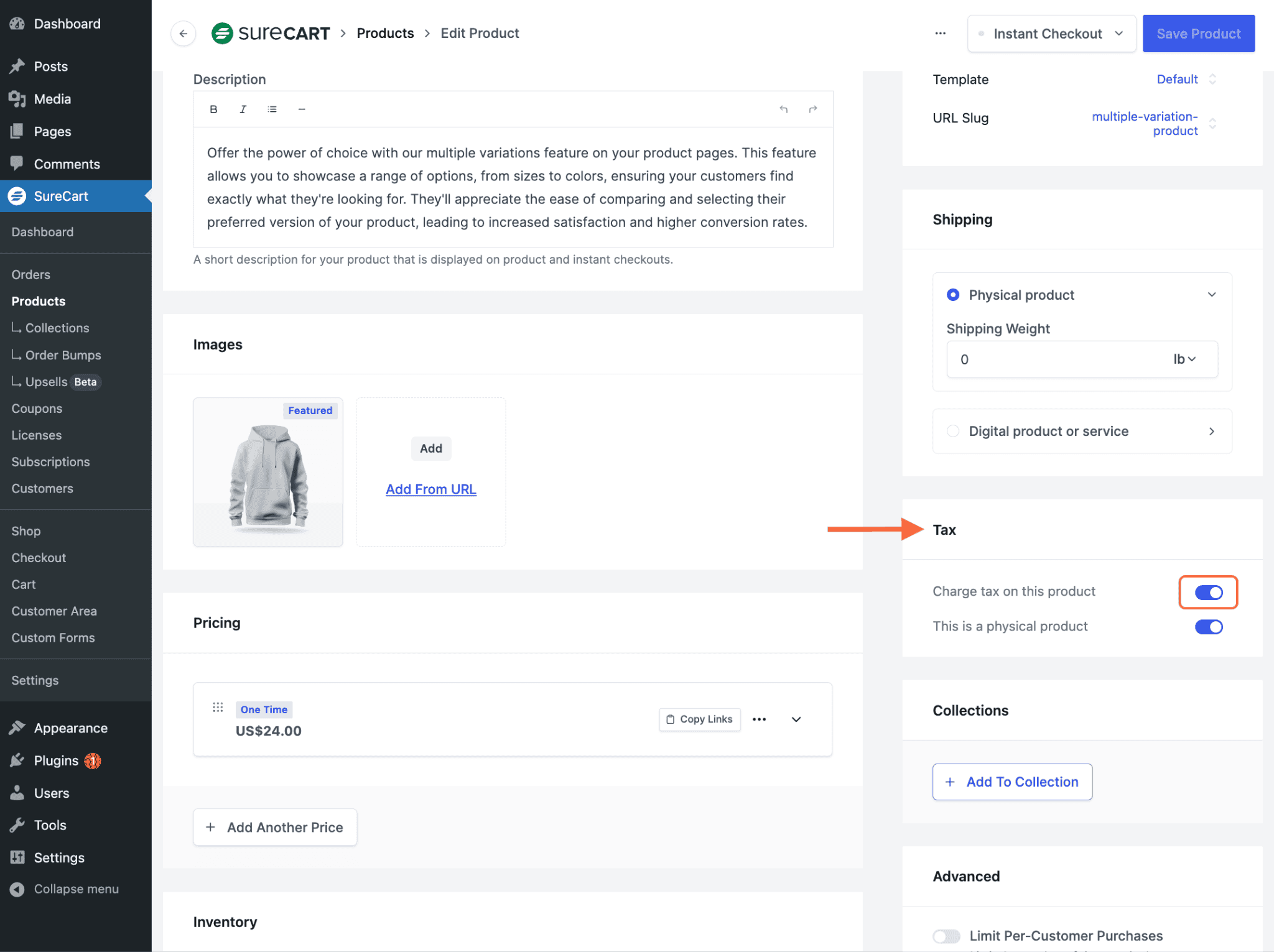 Charge tax on this product