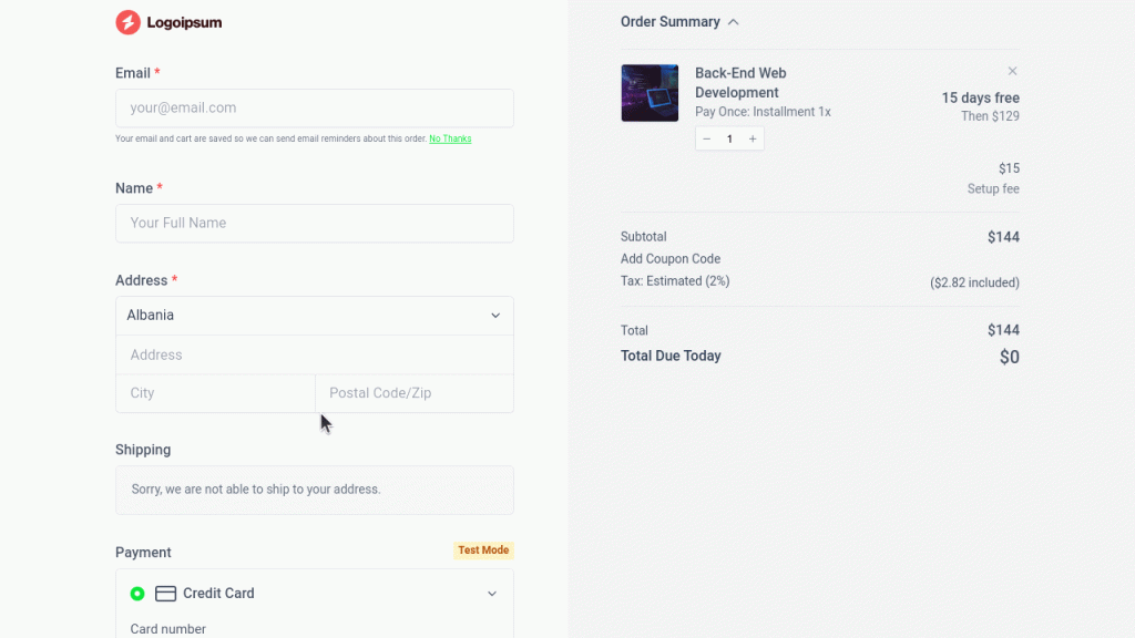 Create Advanced Checkouts With the Conditional Block Checkout form with specific Tax ID according to customer's country