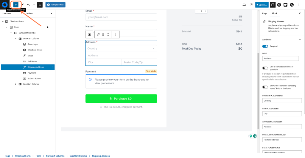 Create Advanced Checkouts With the Conditional Block Click on the Toggle block inserter