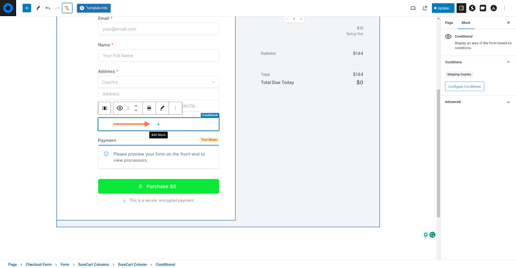 Create Advanced Checkouts With the Conditional Block Click on the plus icon
