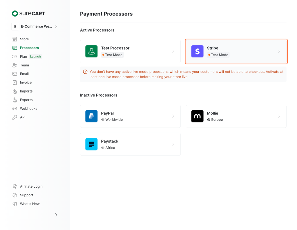 Choose the payment processor you want to disable. Here, we only have "Stripe" enabled in test mode.