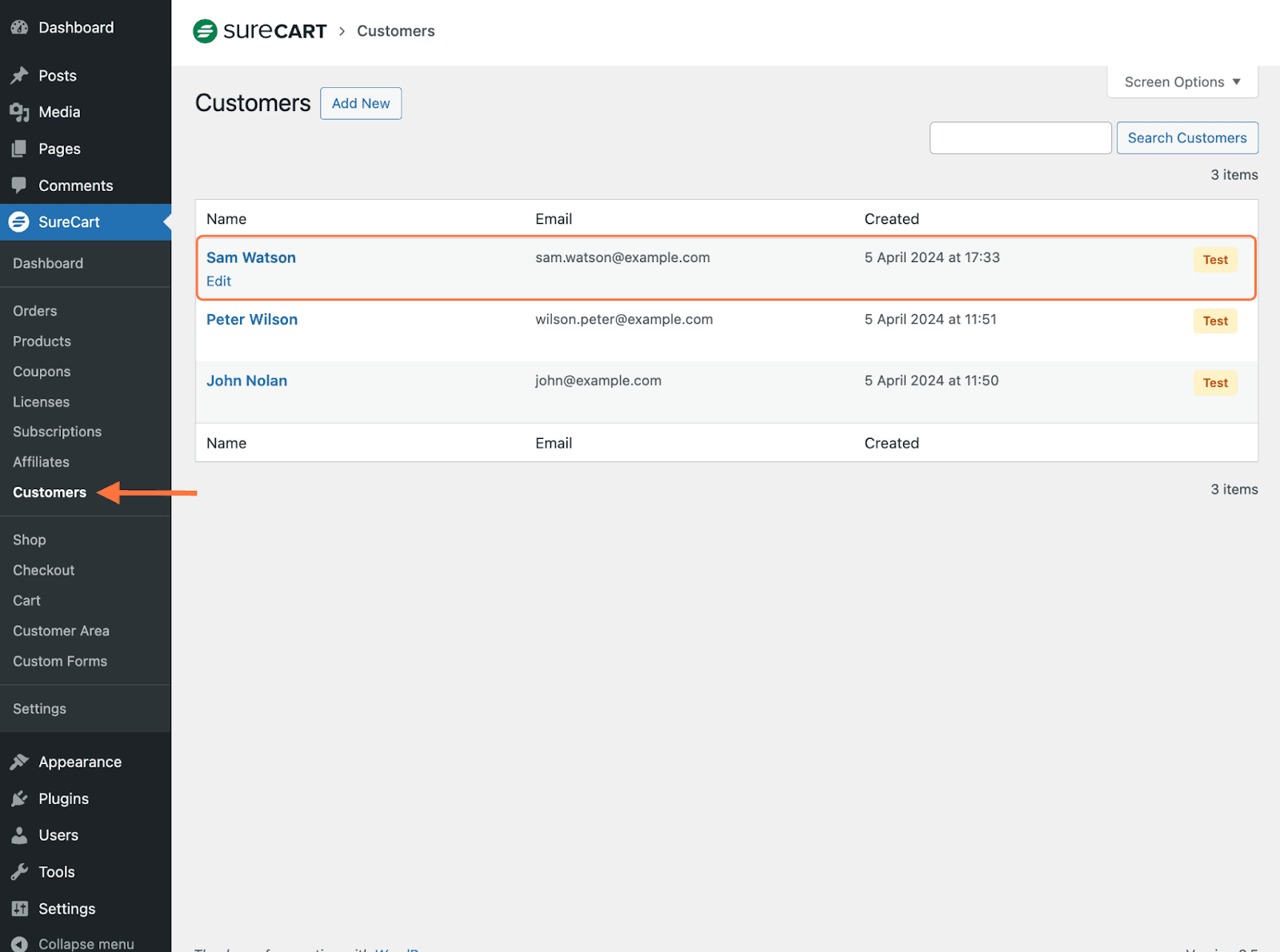Manually Assign Affiliates to Orders/Customers Navigate to SureCart Customers and select one