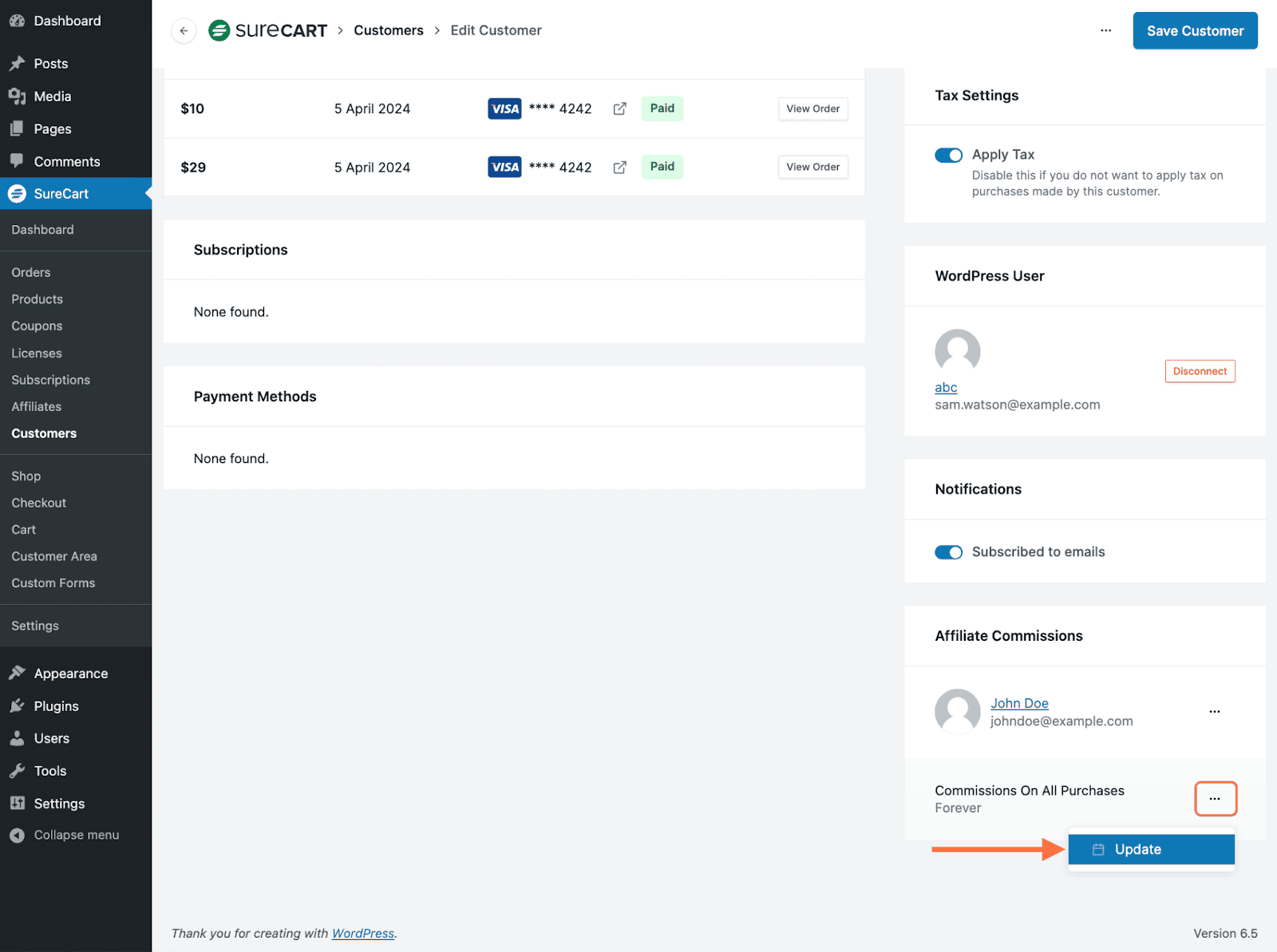 Manually Assign Affiliates to Orders/Customers Click on the Update button