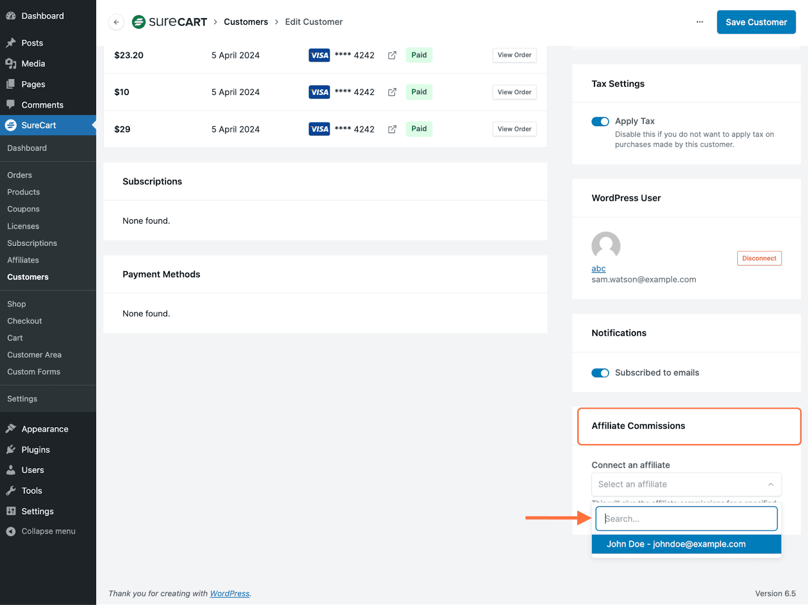 Manually Assign Affiliates to Orders/Customers Select affiliate in the "Affiliate Commissions" section