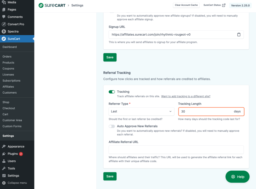 SureCart Affiliate Platform set tracking length