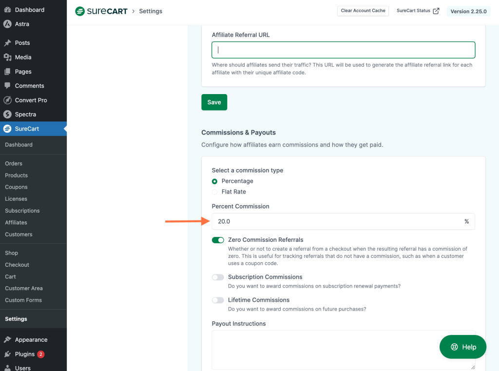 SureCart Affiliate Platform enter commission amount
