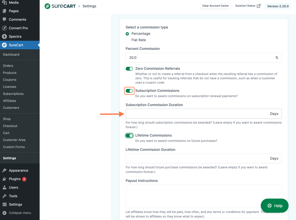SureCart Affiliate Platform enable the "Subscription Commissions" toggle button and enter the subscription commission duration