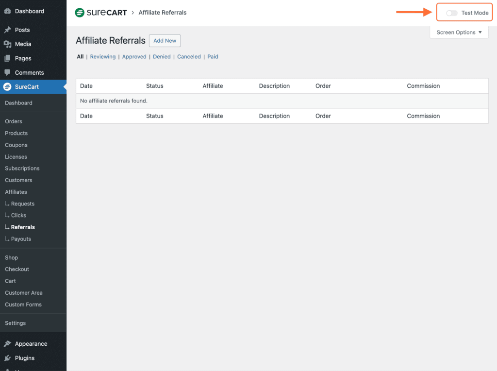 Managing Affiliates in SureCart referral test mode