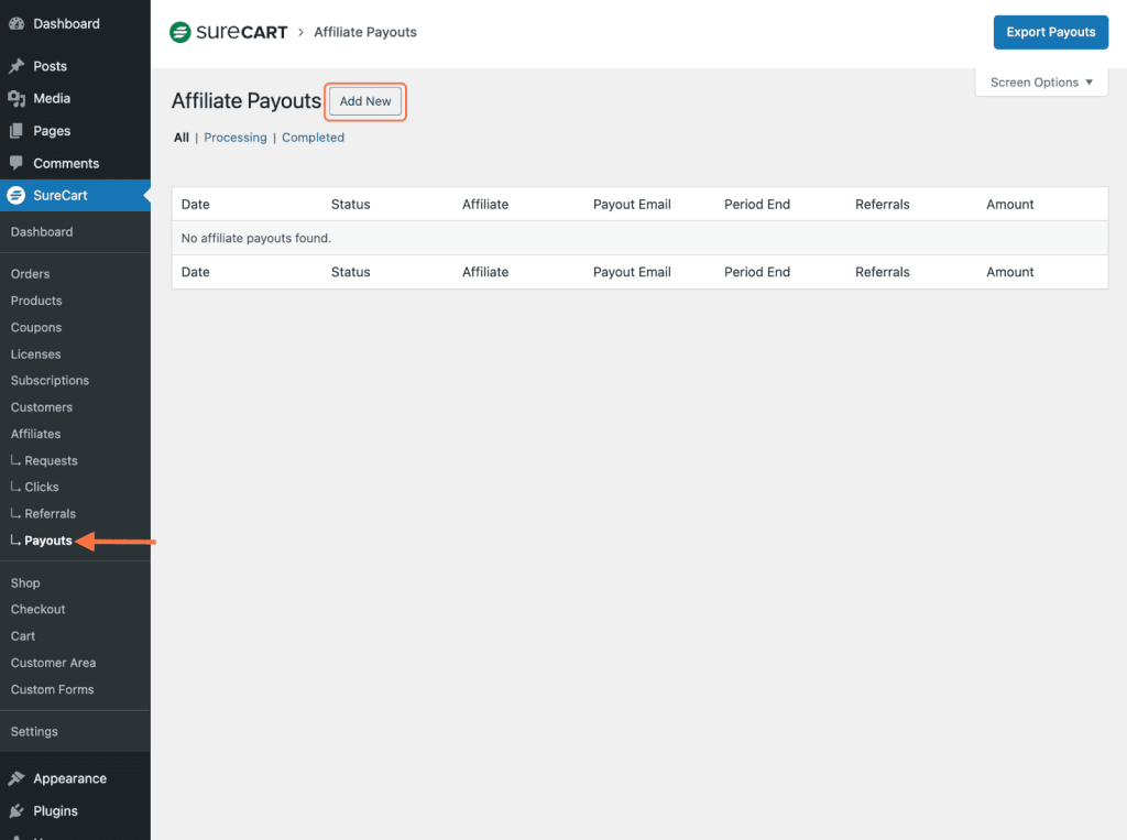 Managing Affiliates in SureCart SureCart > Payouts > Add New