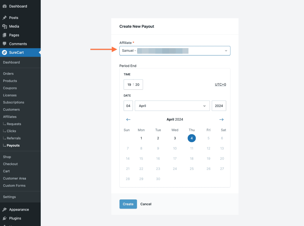 Managing Affiliates in SureCart select affiliate, select end period and click create