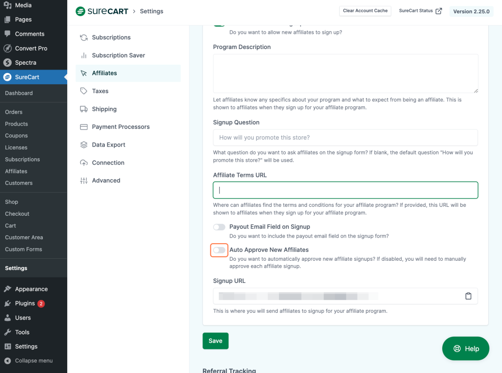 SureCart Affiliate Platform enable the toggle button Auto approve new Affiliates