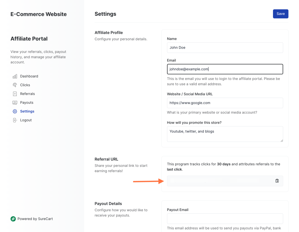 Managing Affiliates in SureCart referral URL