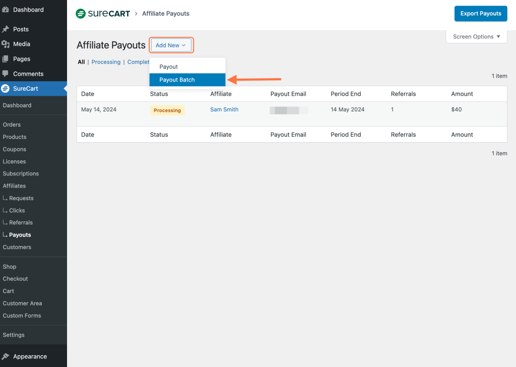Managing Affiliates in SureCart Payout Batch