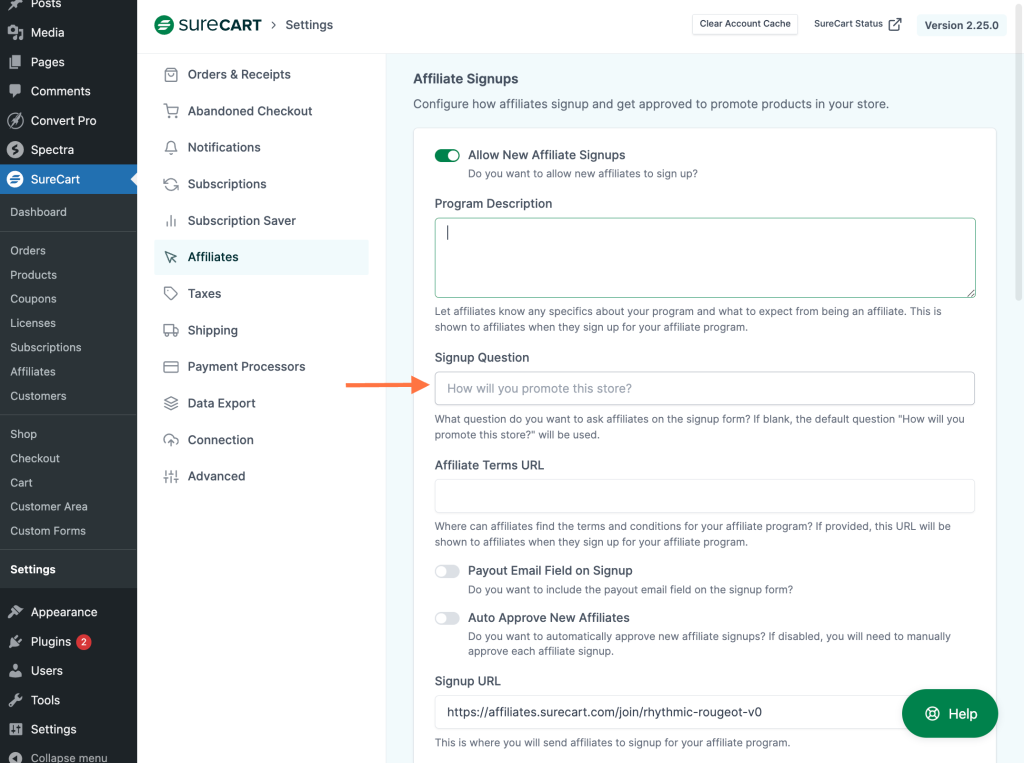 SureCart Affiliate Platform enter a signup question
