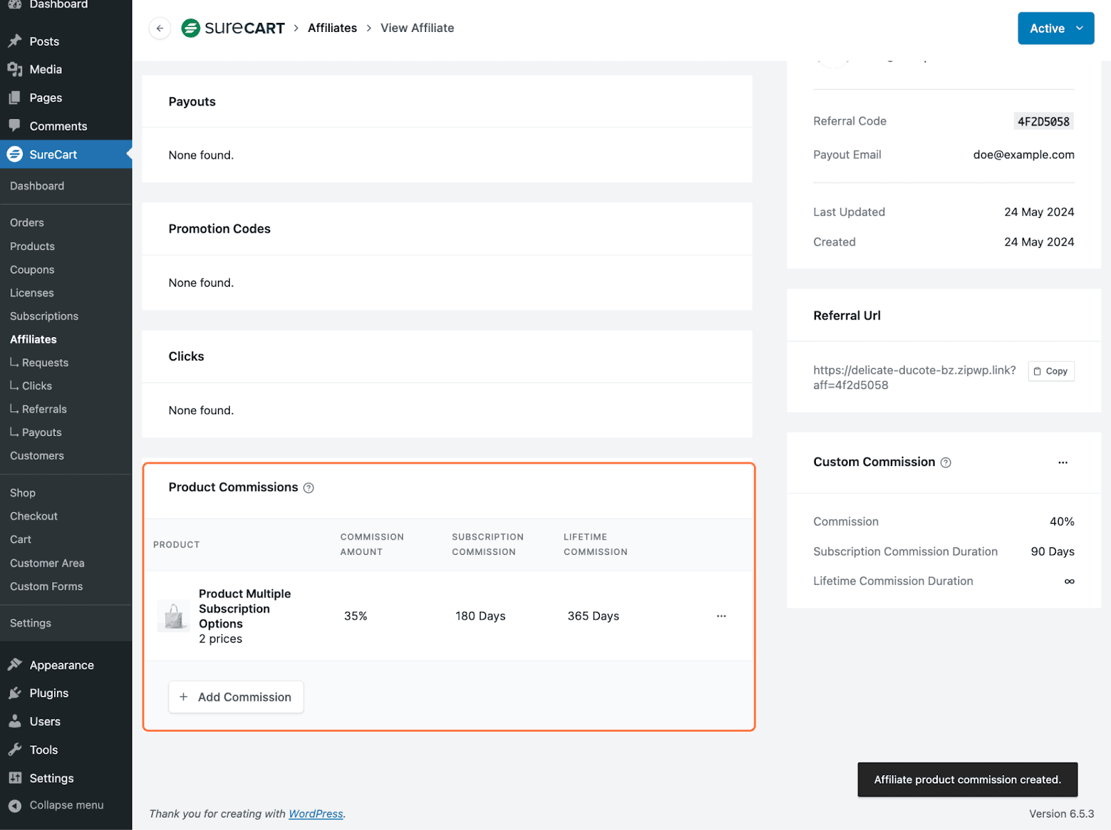 How to Override Commission Amounts for Certain Affiliates product commissions tab