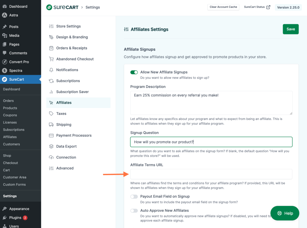 SureCart Affiliate Platform Affilates Terms URL
