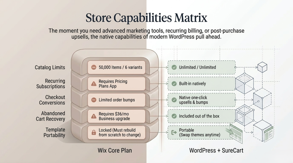 WordPress vs Wix for eCommerce: Which is Better in 2026? Core ECommerce Feature Differences Of WordPress And Wix 1024x572