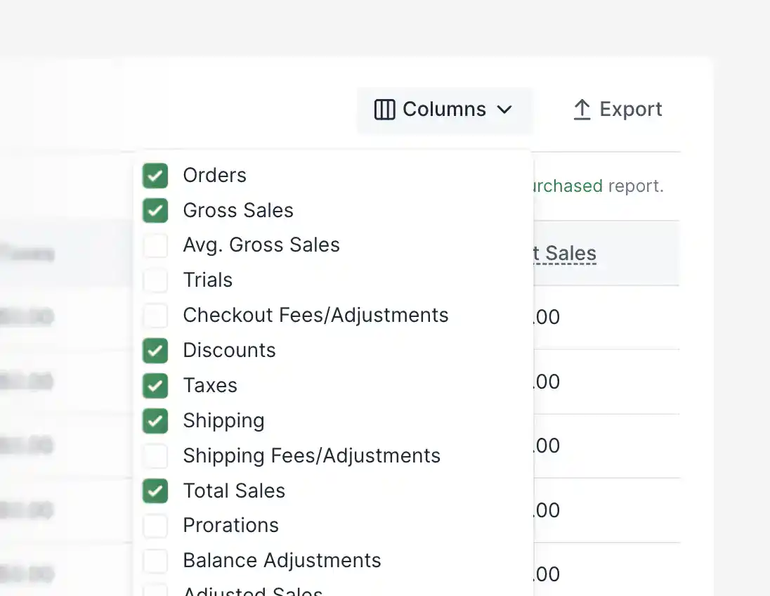 SureCart reports interface showing customizable columns, grouping options, and CSV export