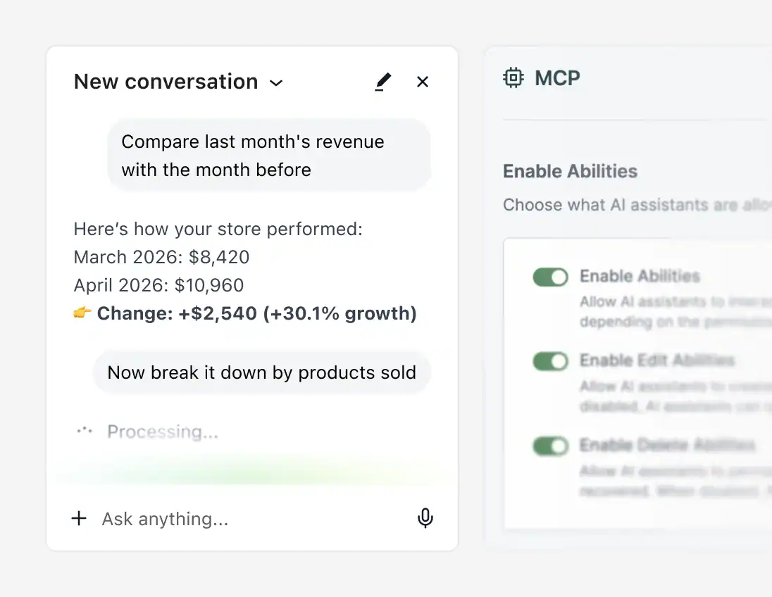 SureCart MCP server chat showing revenue comparison and AI data query interface