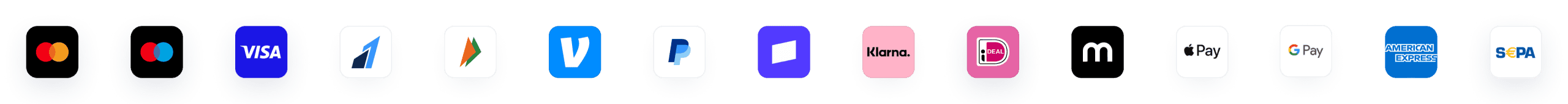 Supported payment method logos row 1 — Visa, Mastercard, Apple Pay, Google Pay and more