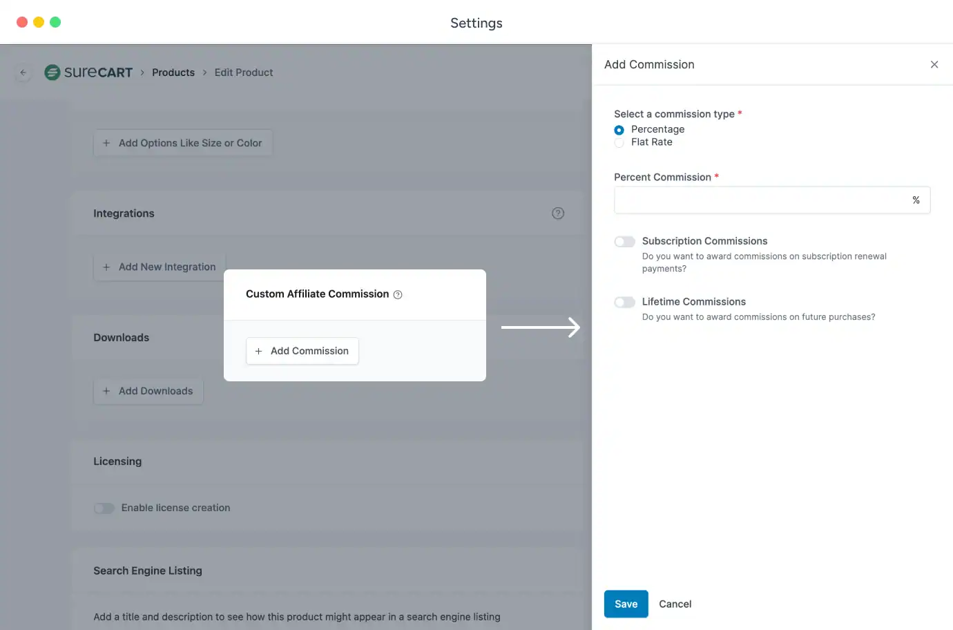 SureCart interface for setting custom commission rates per affiliate
