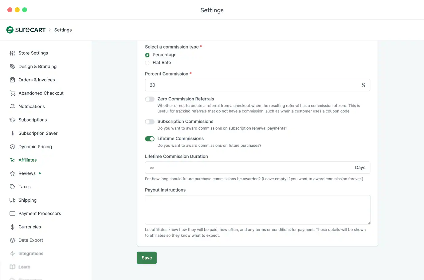 SureCart dashboard showing lifetime commission settings for affiliates