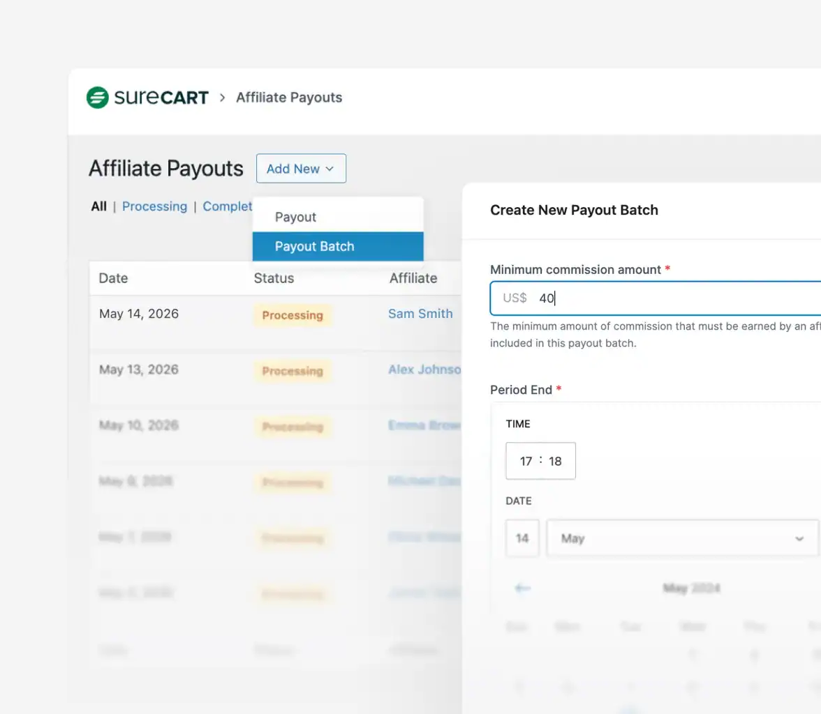 SureCart payouts screen showing individual and bulk affiliate payment options