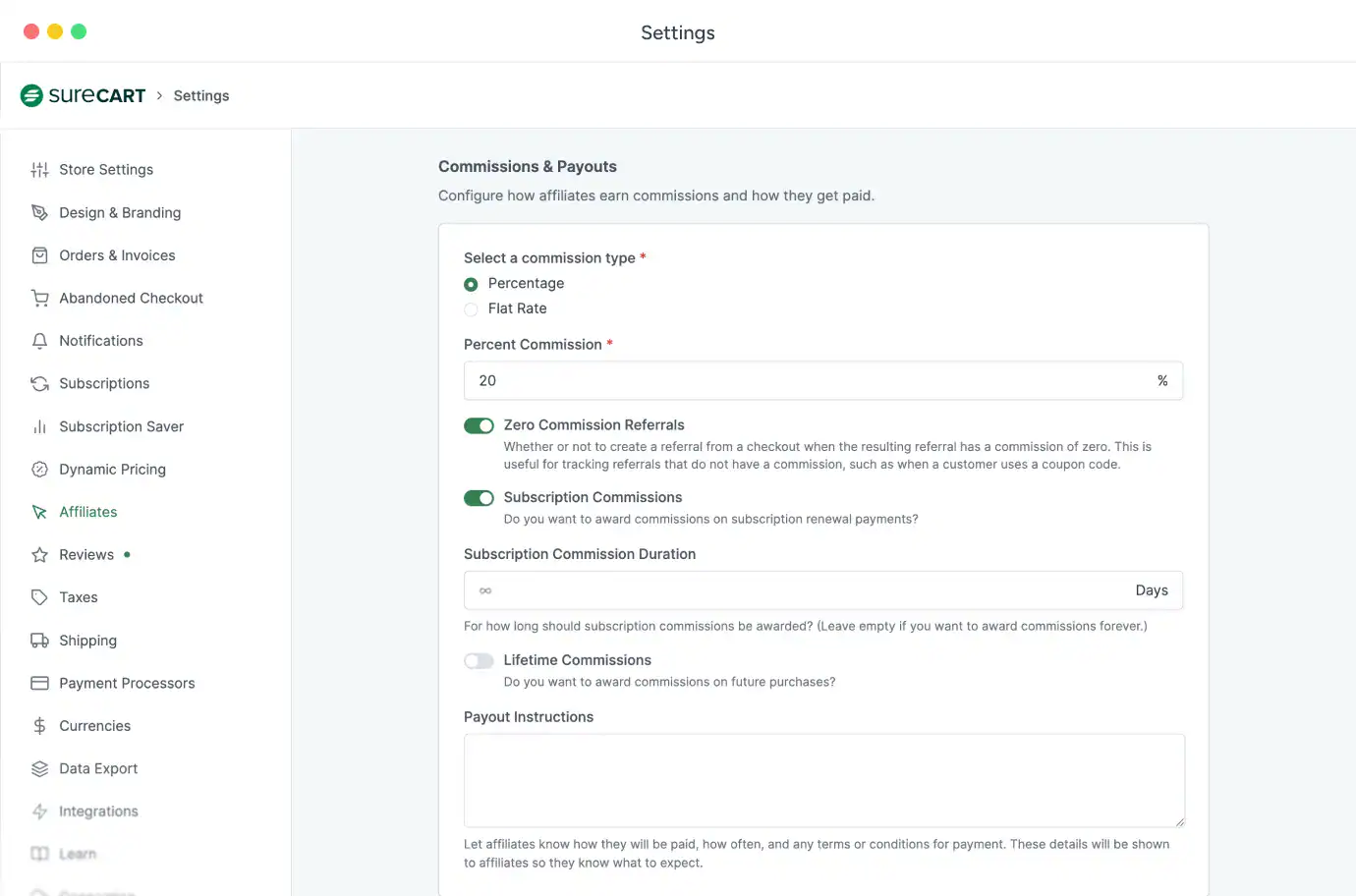 SureCart dashboard showing recurring affiliate commission configuration