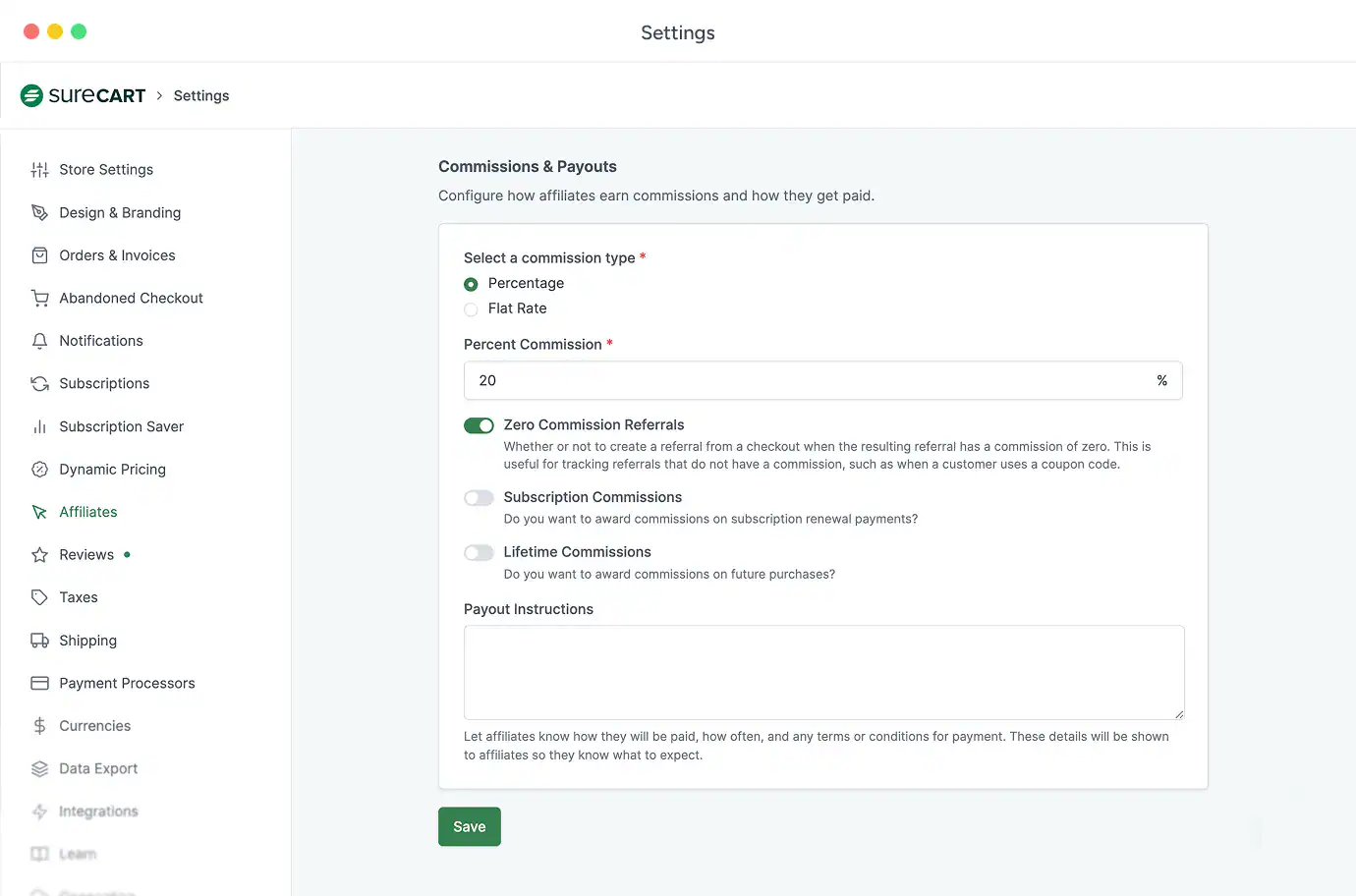 SureCart dashboard showing single purchase affiliate commission settings
