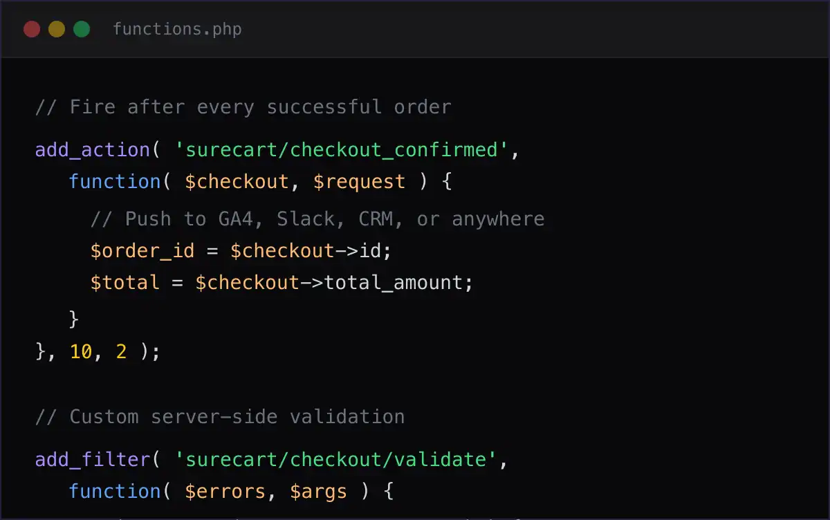 Checkout Builder SureCart developer controls showing server-side validation and post-purchase action hook options