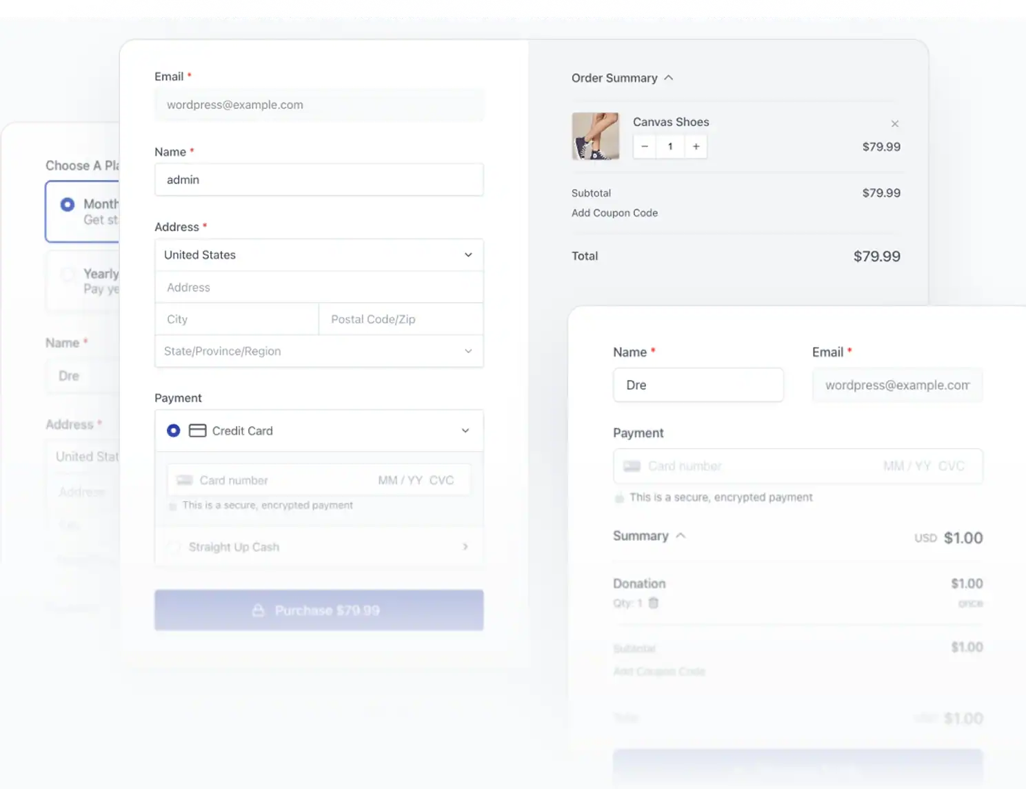 Checkout Builder SureCart pre-built checkout template with a two-column layout showing order summary and customer fields