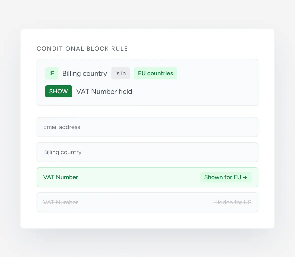 Checkout Builder SureCart conditional field rules showing a VAT number field displayed for EU billing countries