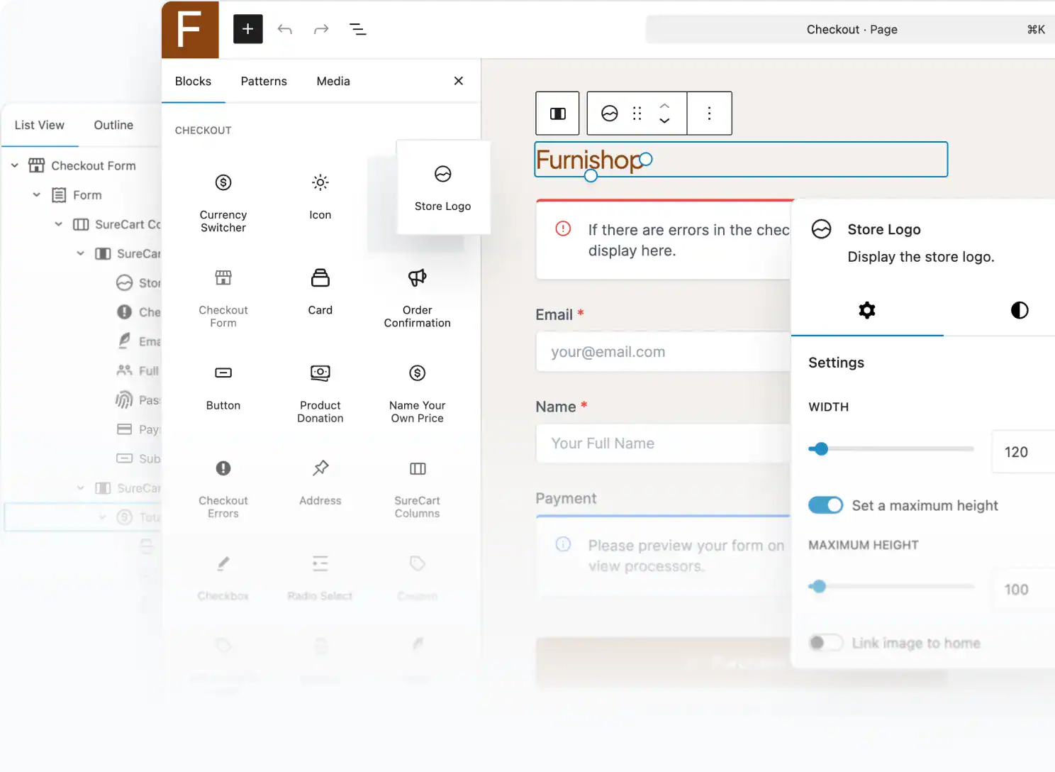 Checkout Builder SureCart drag-and-drop checkout builder interface with block editing controls