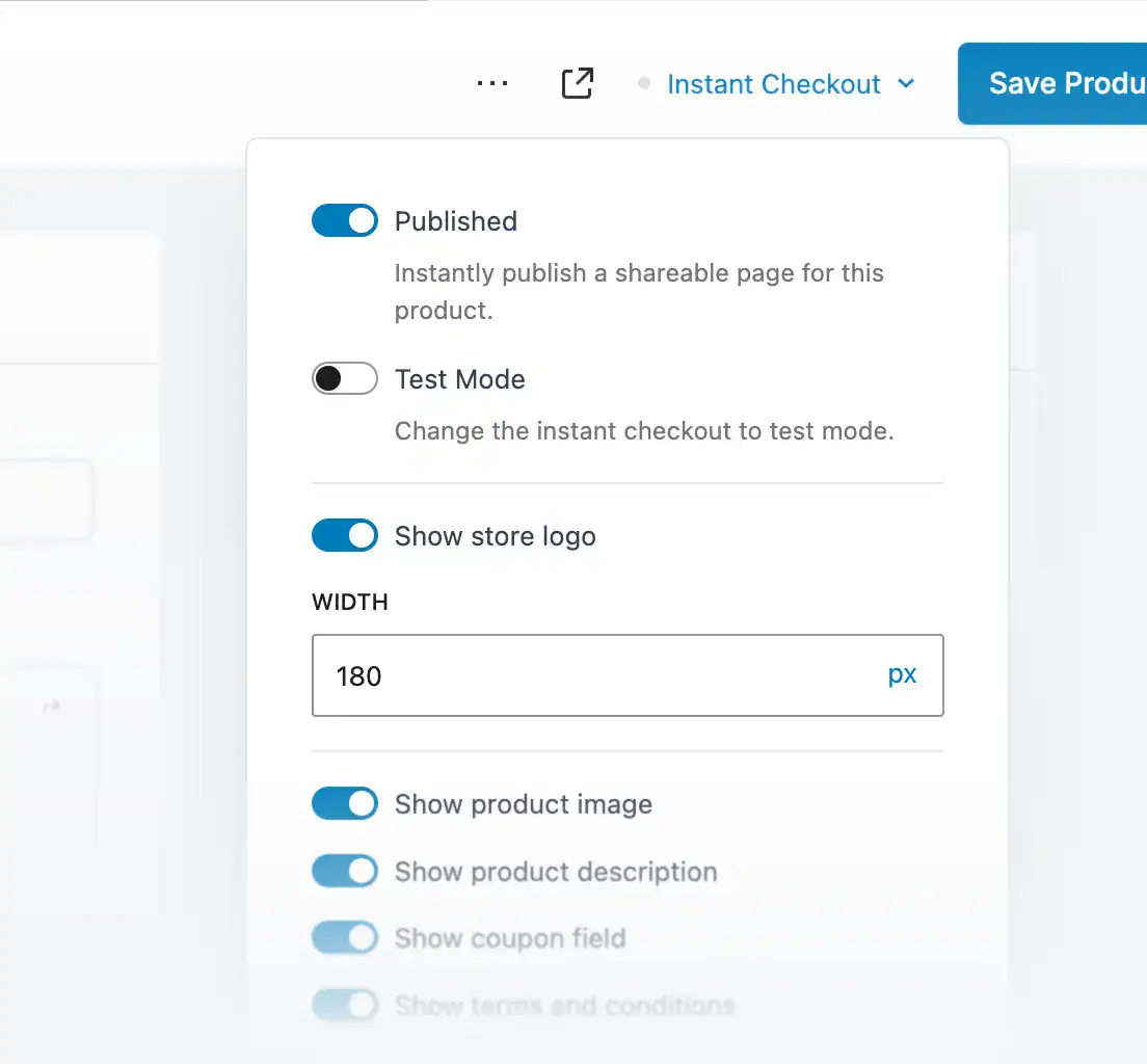 Checkout Builder SureCart instant checkout settings panel with toggles for product image, description, coupon field, and terms