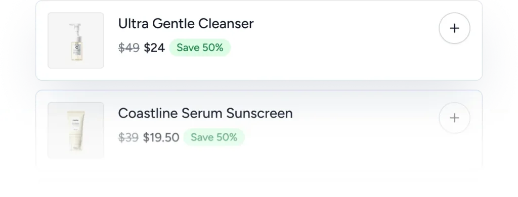 Checkout Builder SureCart order bump UI showing an exclusive offer for Coastline Serum Sunscreen at a 50% discount