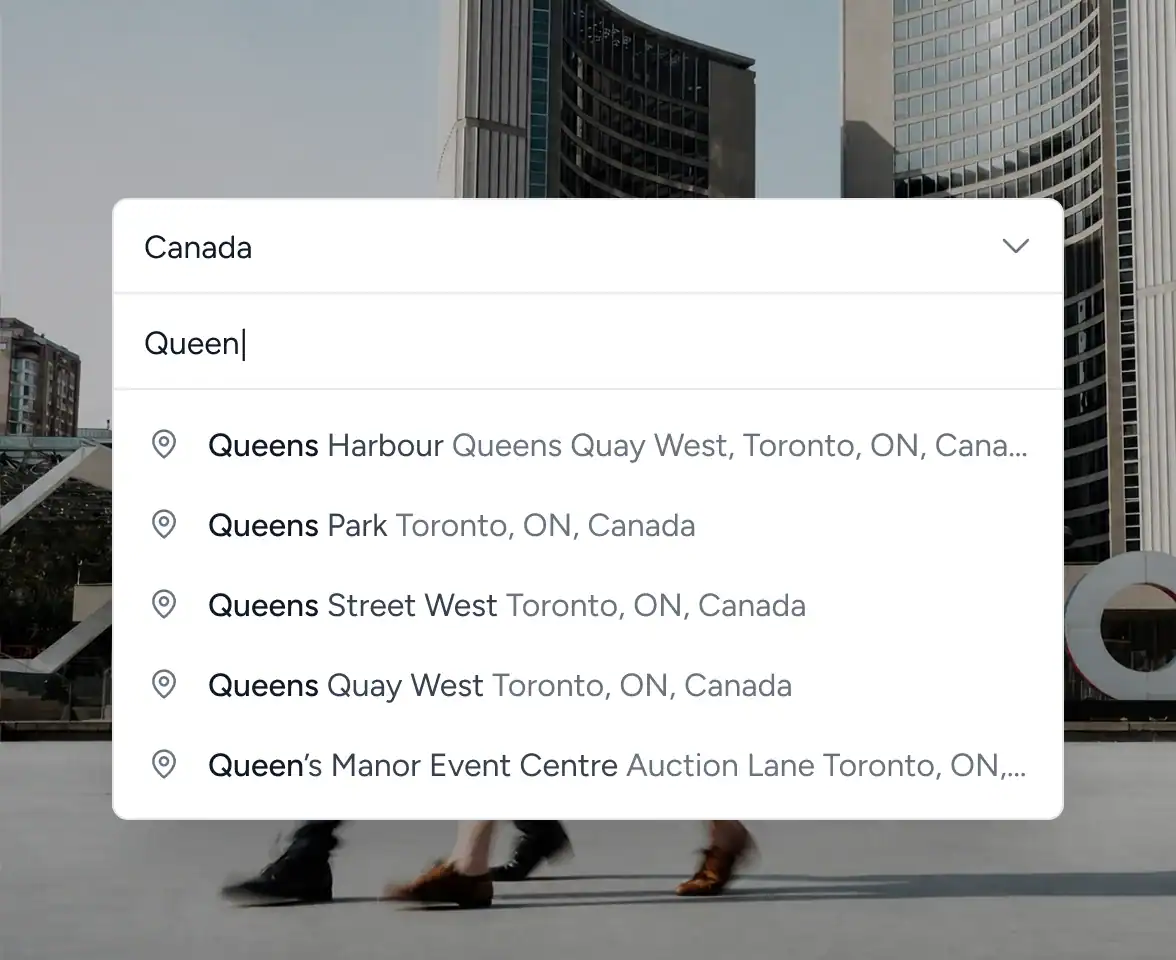 International Ecommerce Checkout address field showing autocomplete suggestions