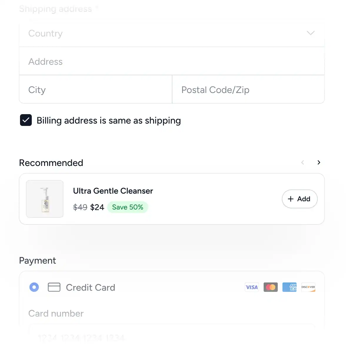 Online store creenshot of SureCart checkout showing a shipping address form and a recommended product upsell