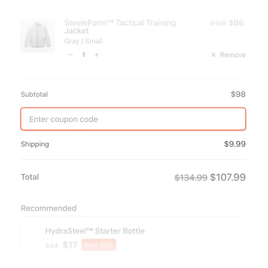 Online store Screenshot of a SureCart cart with a coupon code field, subtotal, and discounted total