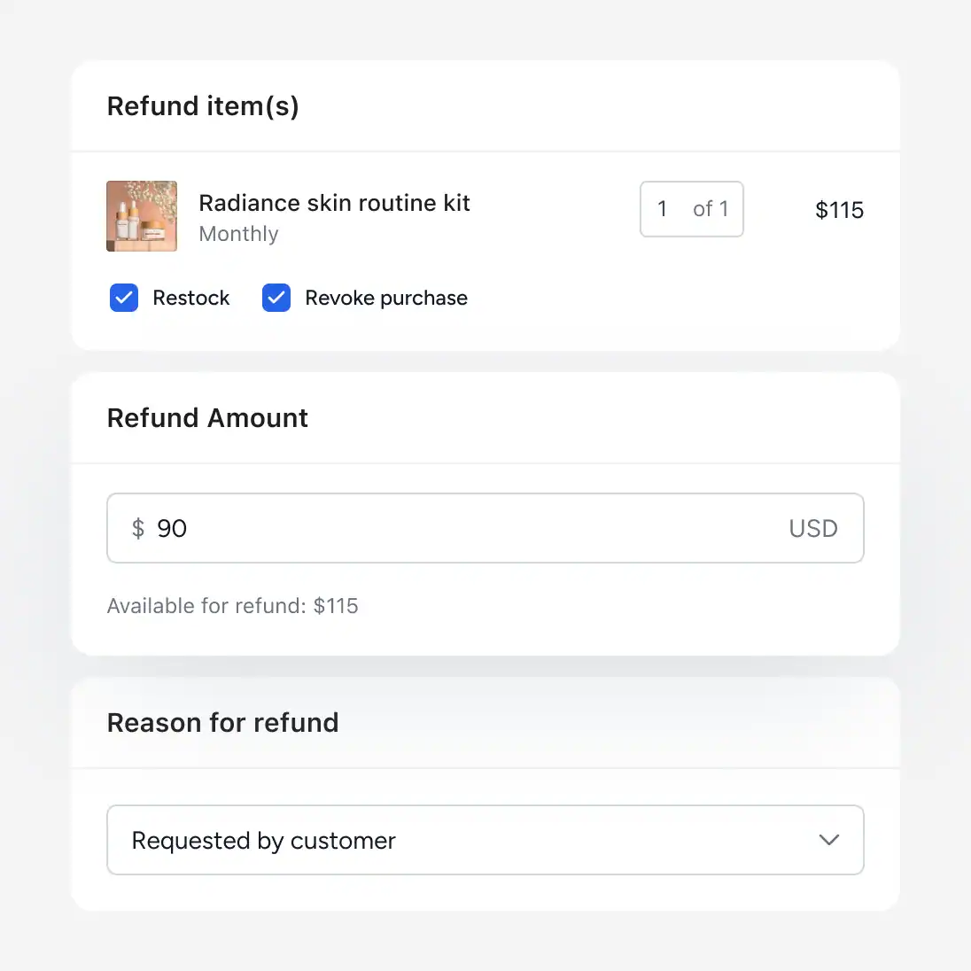 Online store Screenshot of SureCart refund panel with refund amount field and reason dropdown