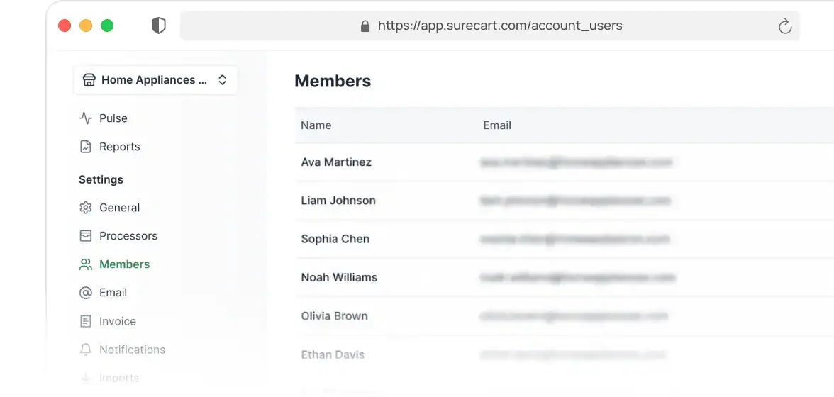 International Ecommerce Screenshot of a customer Members list with names and emails, illustrating customer and payment data kept off your WordPress site