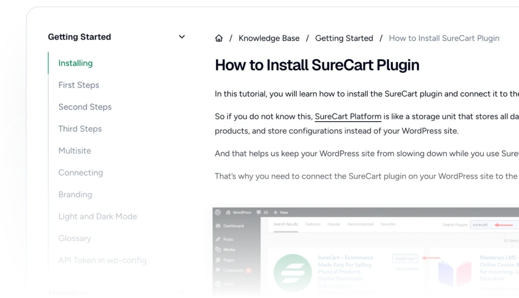 SureCart step-by-step documentation with screenshots for payment processors and integrations