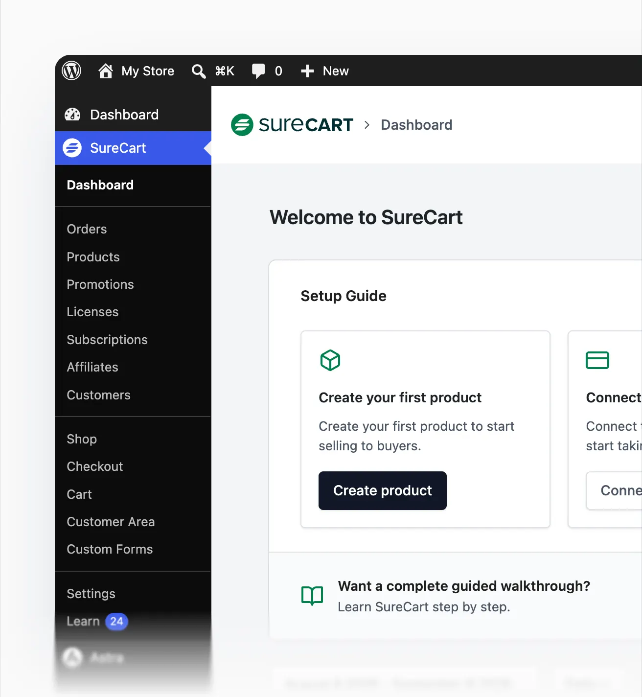 SureCart WordPress eCommerce dashboard showing checkout, subscriptions and store revenue