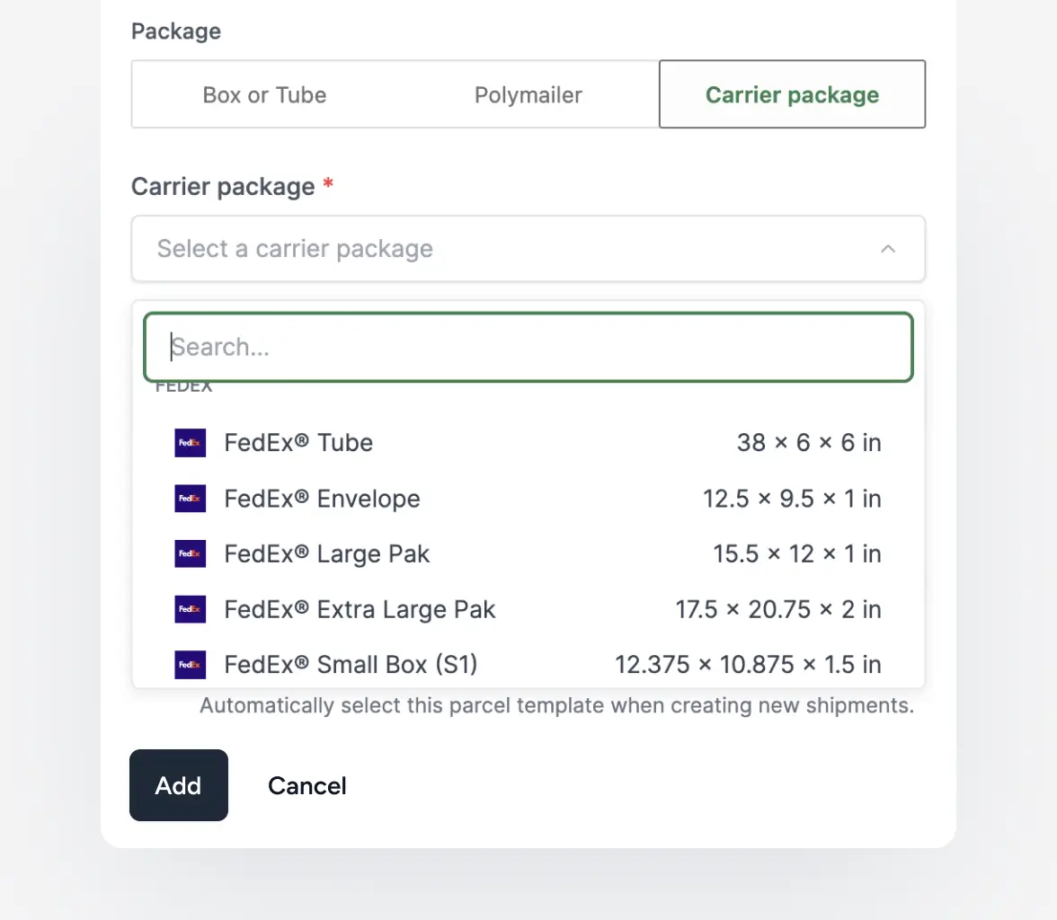 Shipping & Fulfillment save package details once.
