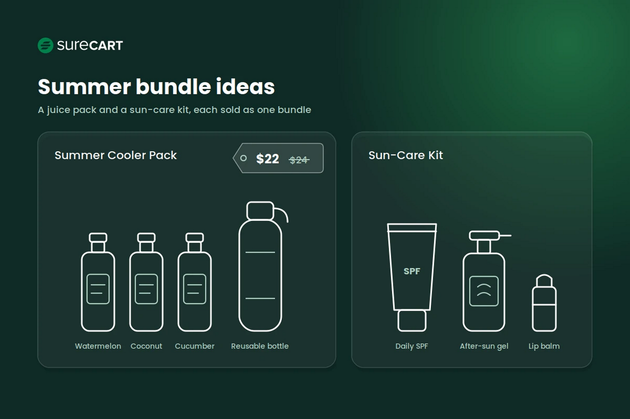  Summer Cooler Pack with three juices and a reusable bottle beside a sun-care kit