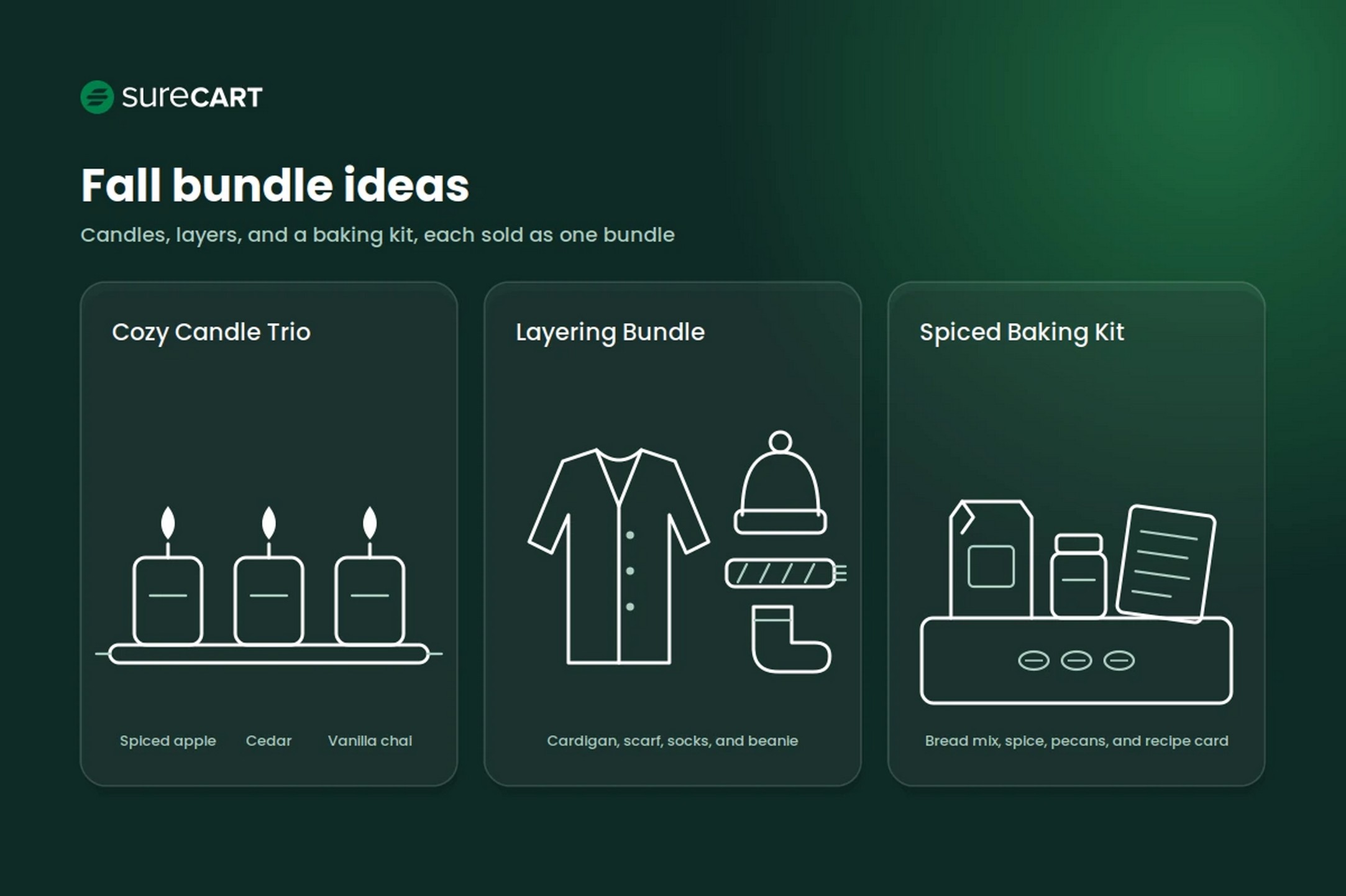 Fall bundles including a three-candle set, a knit layering outfit, and a spiced baking kit