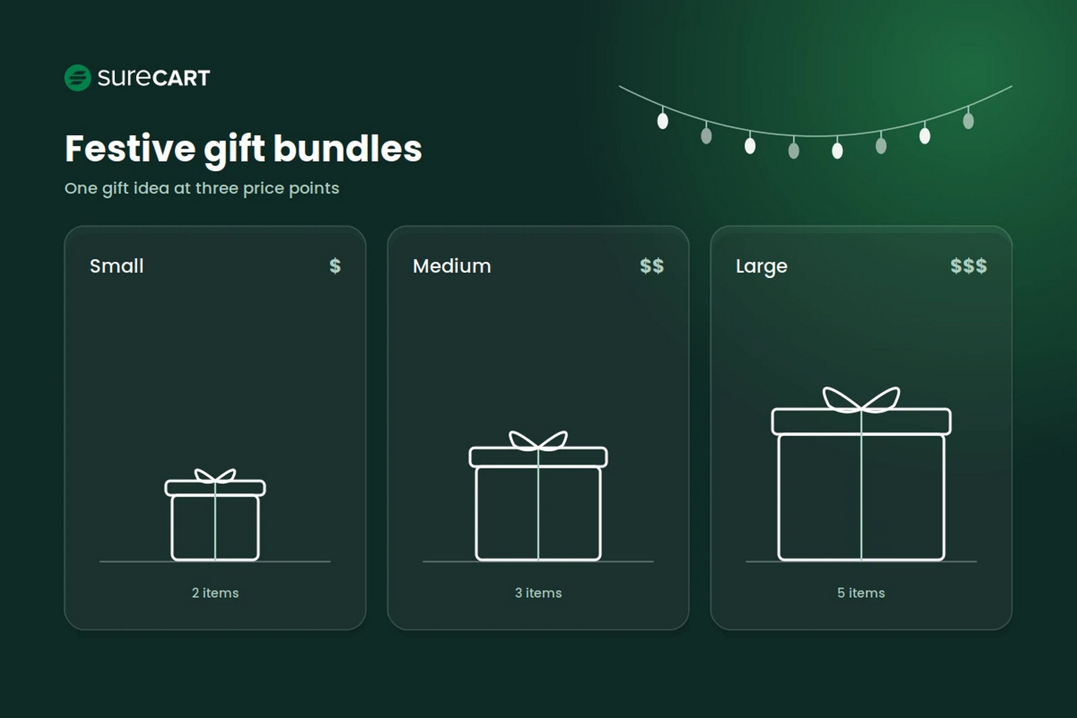 Three festive gift bundles in small, medium, and large sizes showing tiered pricing