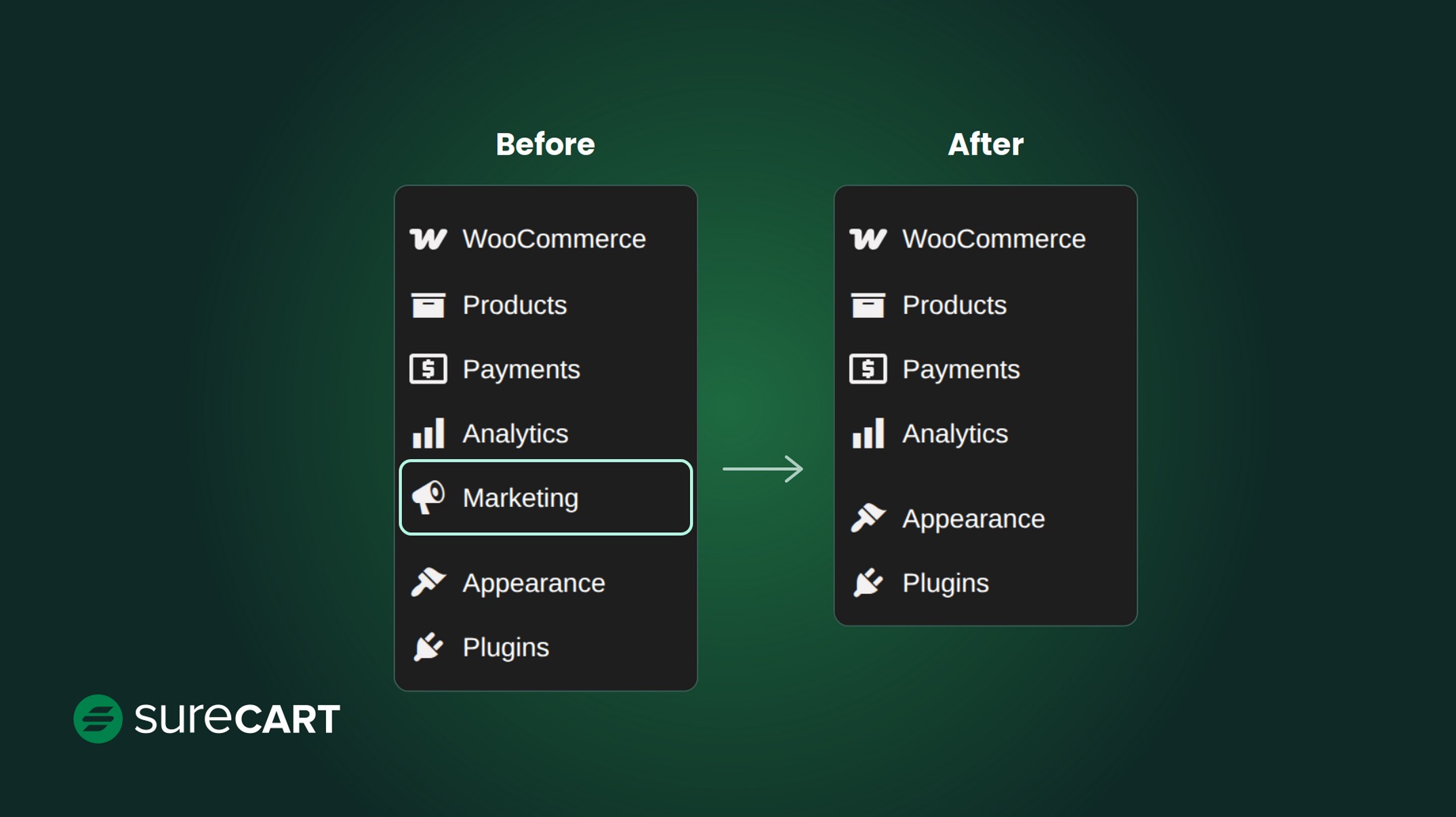 WooCommerce admin menu before and after hiding the Marketing menu